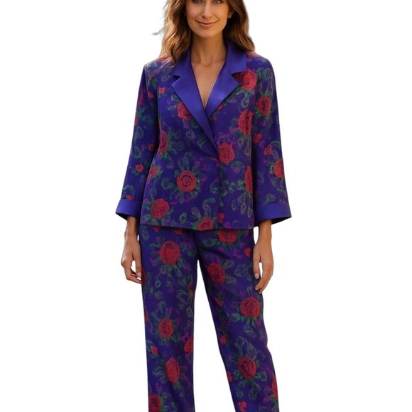 Victorias Secret Vintage Gold Label Womens L Pajama Set Floral Purple Satin Rose - Picture 1 of 6